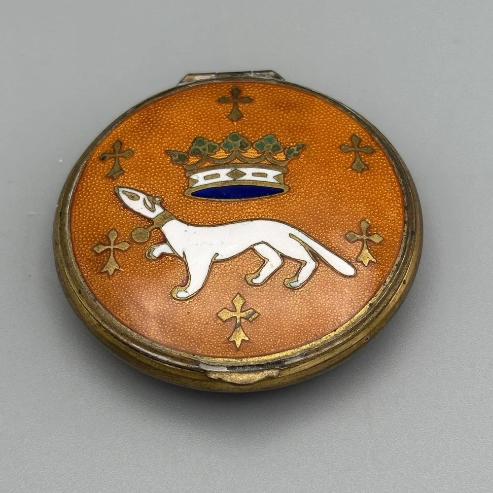 Antique Compact Powder Case French Cloisonné Enamel France Crown Ermine Cross